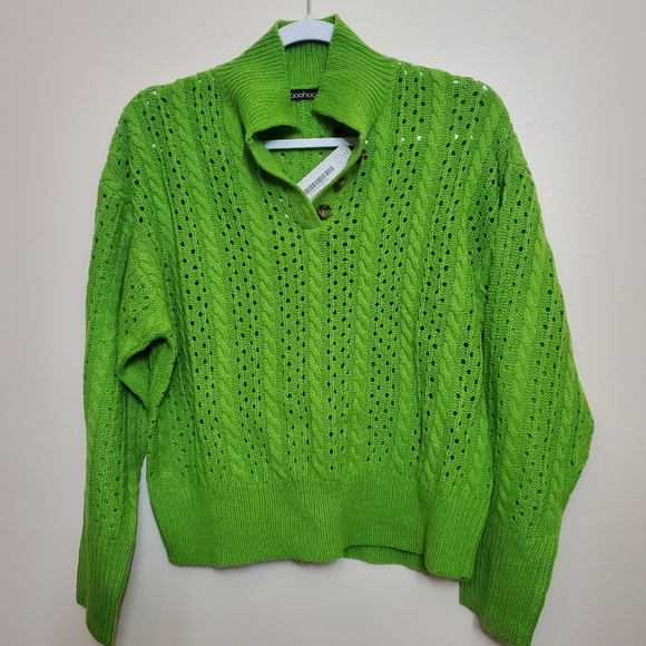 Boo Hoo Lime Green Open Knit Collared Sweater New - Picture 2 of 7